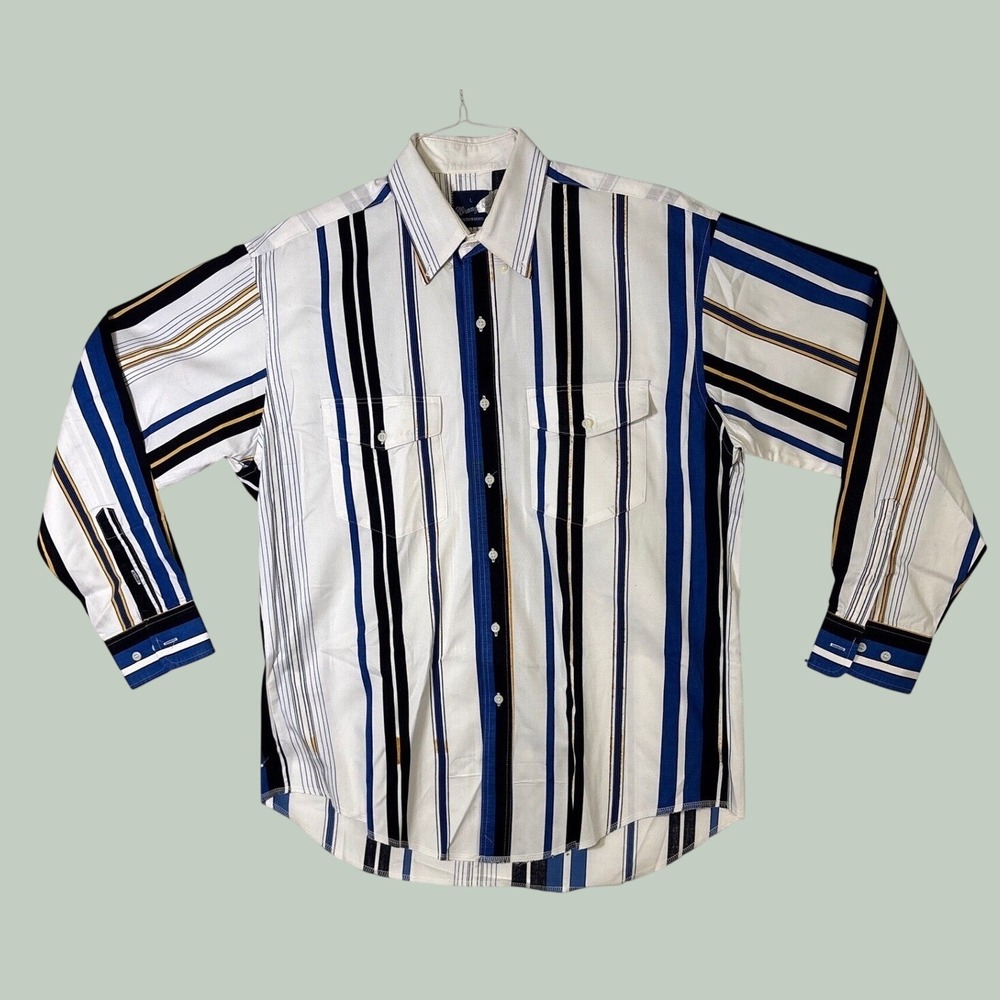 Wrangler Western Shirt Mens Large Blue Black Gold Striped Long Sleeve Button Up